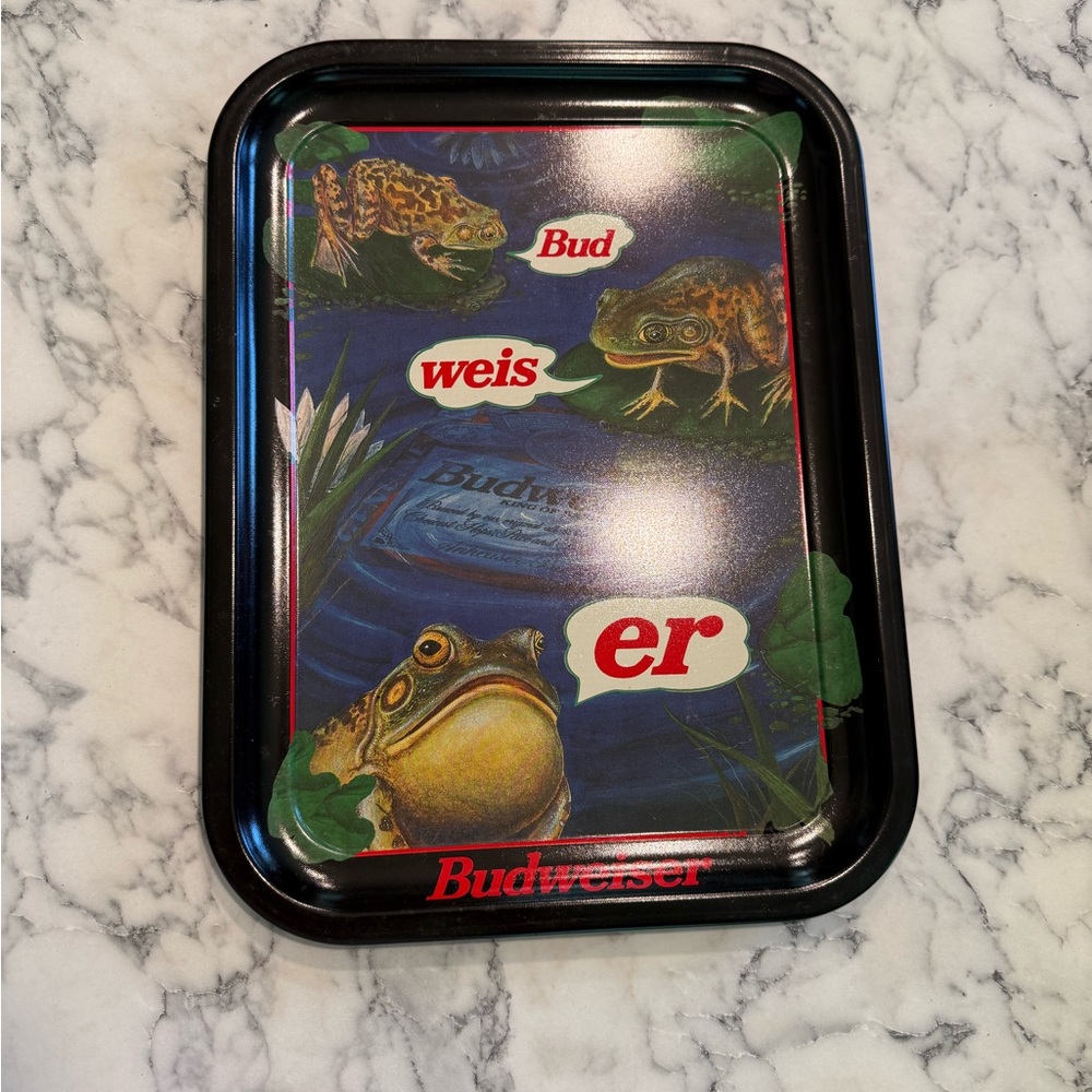 Budweiser Black Frog Artwork Metal Tray with Colorful Lily Pad Design